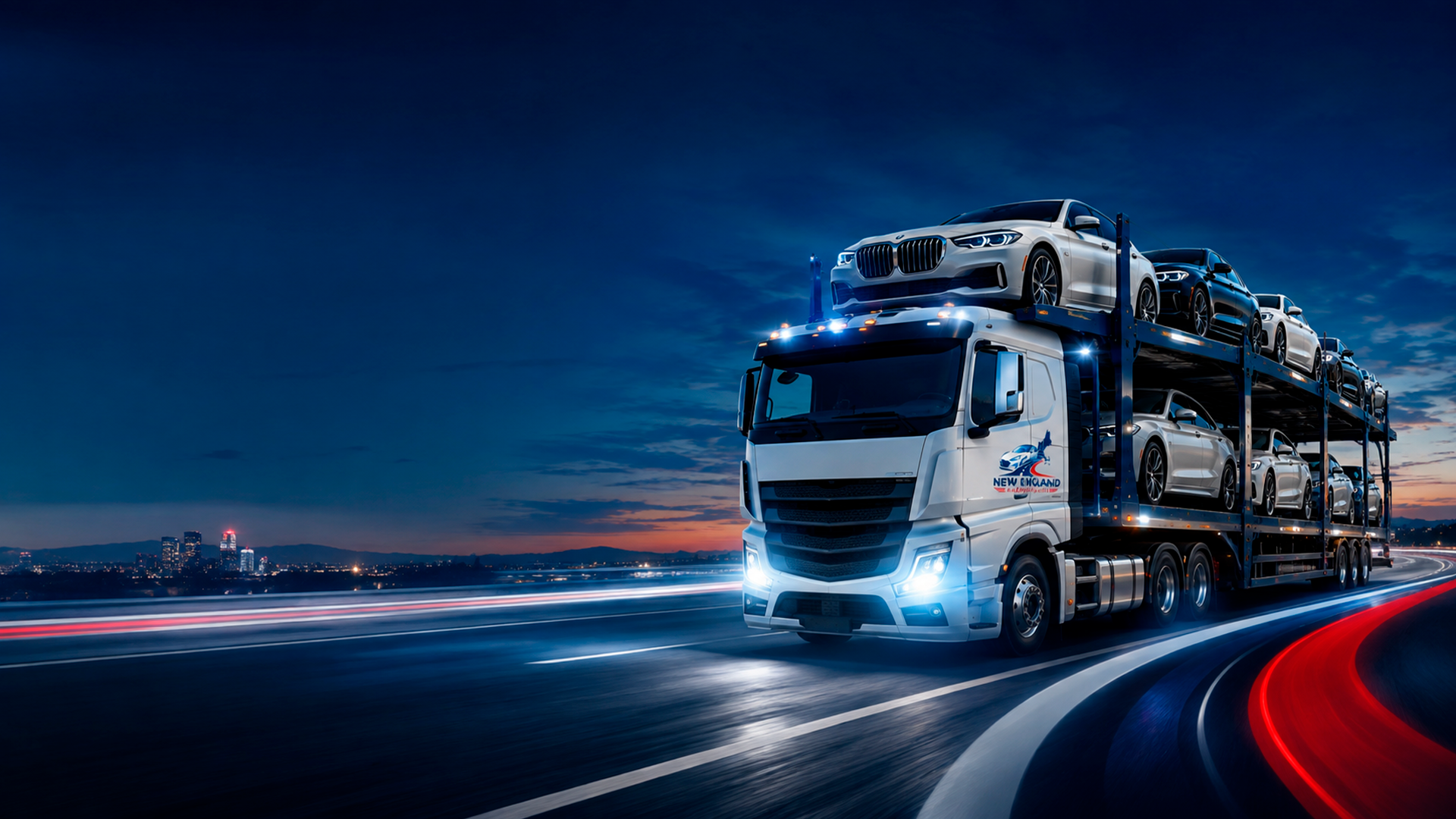 Car carrier on the highway at dusk