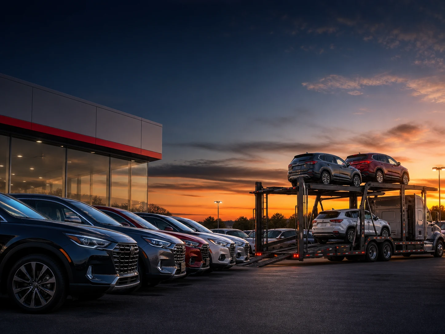 Open car carrier loading dealership vehicles at dusk