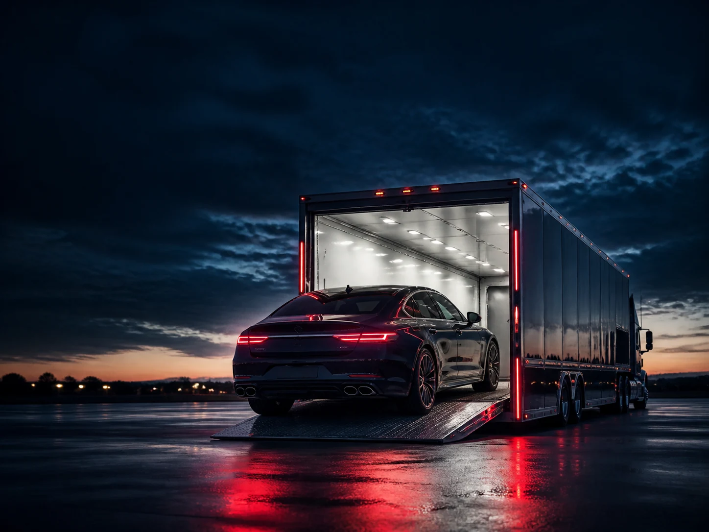 Luxury vehicle being loaded into an enclosed transport trailer at dusk